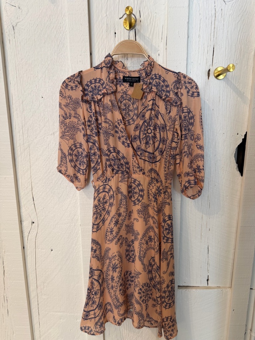 100% Silk White Suede Blush Pink Paisley Midi Wrap Dress